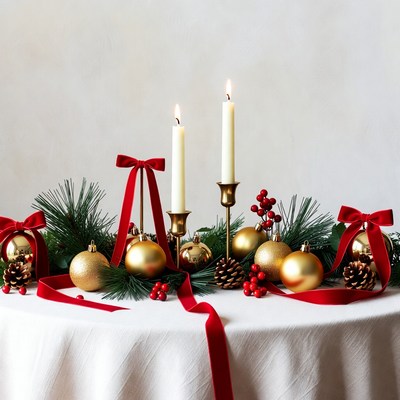 Christmas Candle Centerpiece with Gold Ornaments