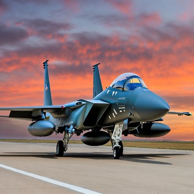 F-15 Fighter Jet on Runway at Sunset