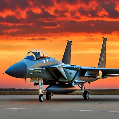 F-15 fighter jet at sunset