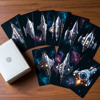 Spaceship Cards on Wooden Table