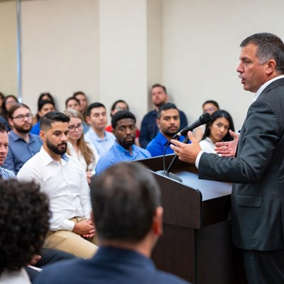Man speaking at podium to audience