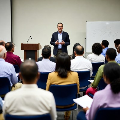Man presenting to diverse audience