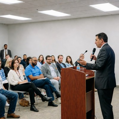 Man speaking at podium in conference room