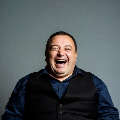 Man laughing heartily in vest