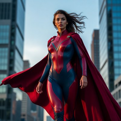 Woman in red and blue superhero suit with cape