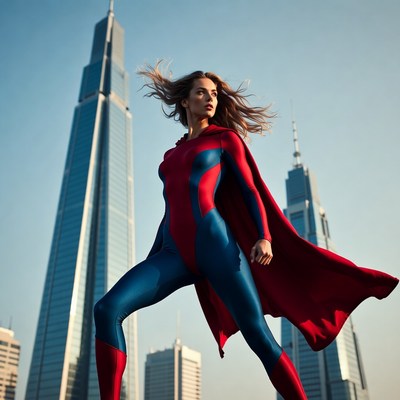 Supergirl in red cape with skyscrapers
