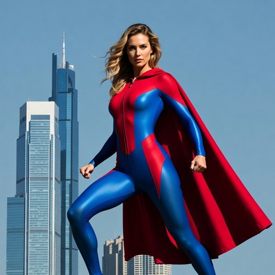 Blonde woman in blue red superhero suit