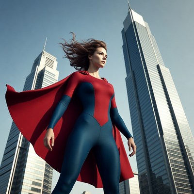 Supergirl superhero standing before skyscrapers