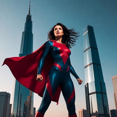 Supergirl in red cape with skyscrapers