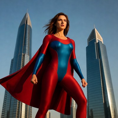 Woman in red blue superhero costume