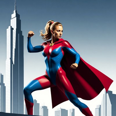 Blonde superhero woman on skyscraper