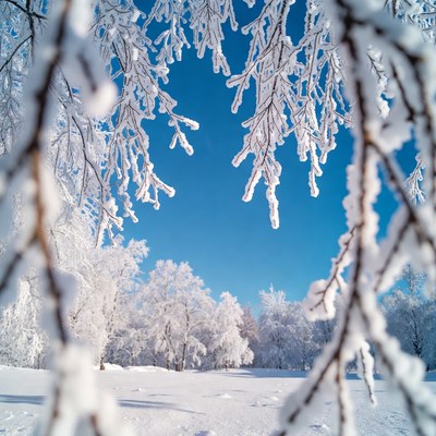 Snowy Branches Framing Winter Forest