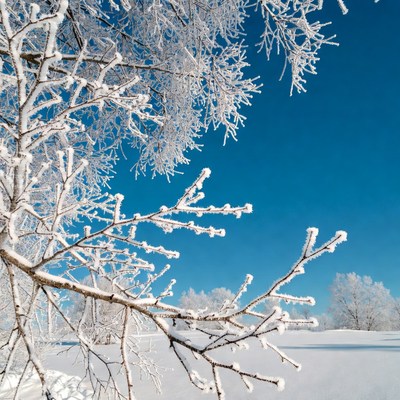 Snow-Covered Tree Branches Blue Sky