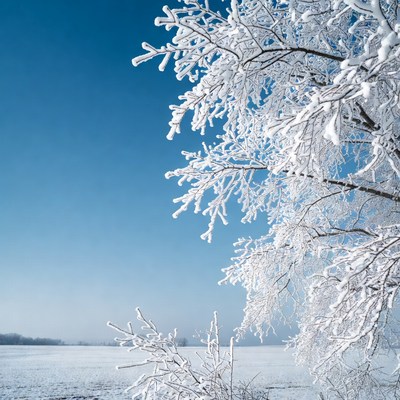 Frost-covered tree branches against blue sky