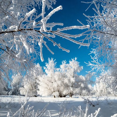 Snowy Trees Against Blue Sky
