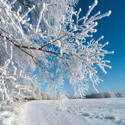 Snow-covered tree branches against blue sky