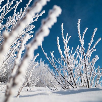 Frost-covered branches against blue sky