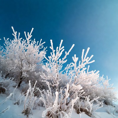 Frost-covered bushes against blue sky