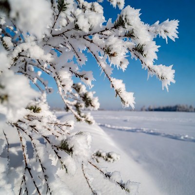 Snowy pine branches against blue sky