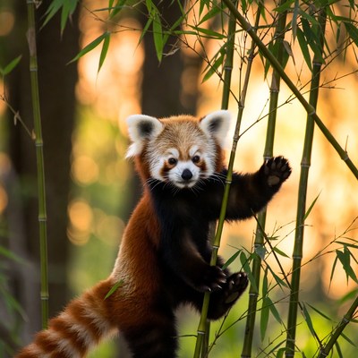 Red panda climbing bamboo