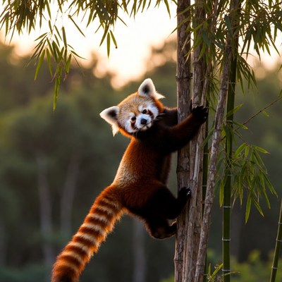 Red Panda Climbing Bamboo Tree