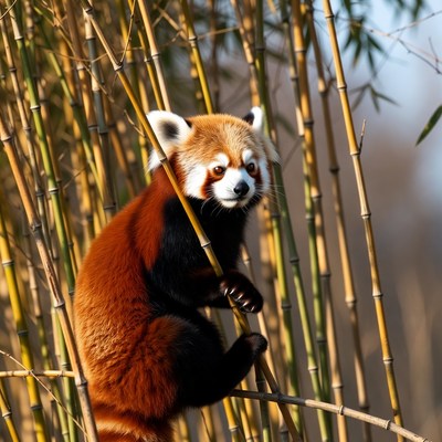 Red Panda Climbing Bamboo