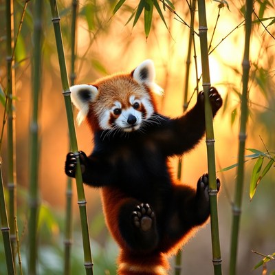 Red Panda Climbing Bamboo Forest