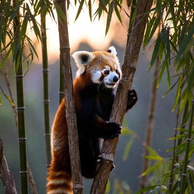 Red Panda Climbing Bamboo Forest