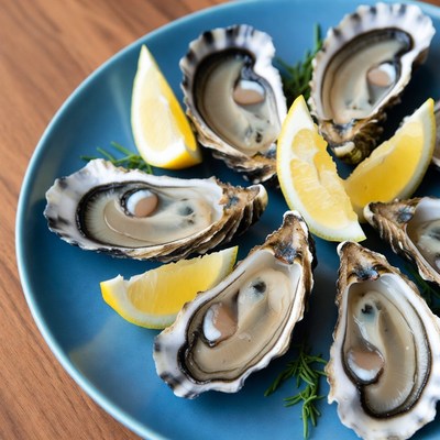 Fresh Oysters with Lemon on Blue Plate