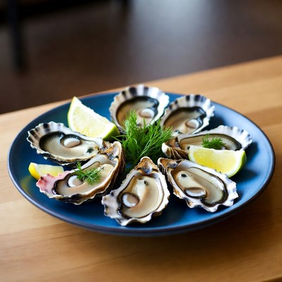 Fresh Oysters on Blue Plate