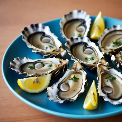 Fresh Oysters on Blue Plate