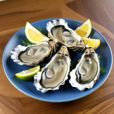 Fresh Oysters with Lemon on Blue Plate