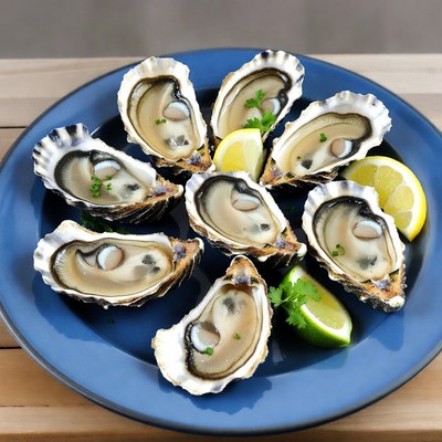 Fresh oysters on blue plate