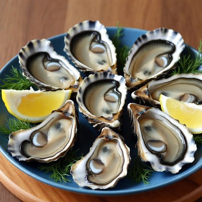 Fresh Oysters on Blue Plate