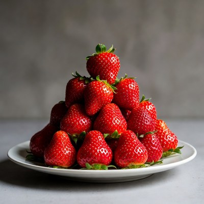 Strawberries stacked on white plate