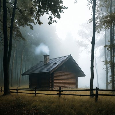 Foggy Wooden Cabin in Forest