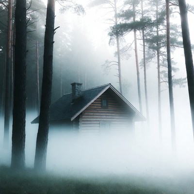 Log Cabin in Foggy Pine Forest