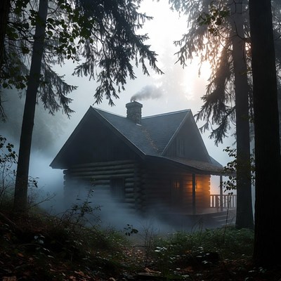 Cozy Log Cabin in Foggy Forest