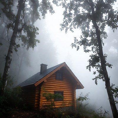 Log cabin in foggy forest