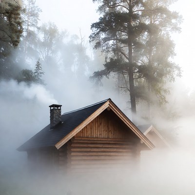 Log Cabin in Misty Forest