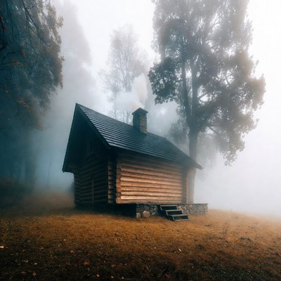 Foggy Log Cabin in Forest