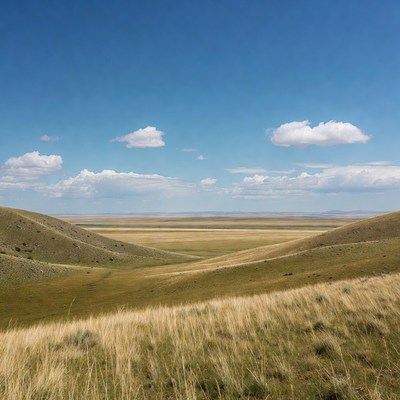 Vast grassy valley under blue sky