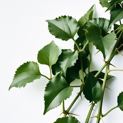Green thorny ivy leaves on white
