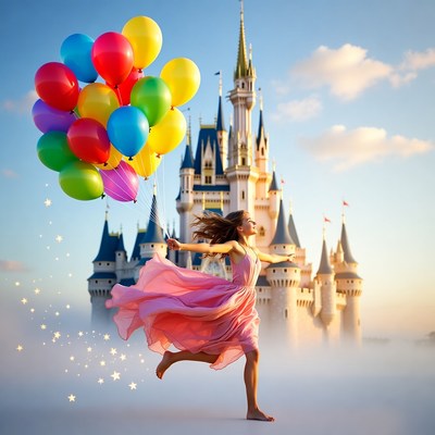 Girl running with balloons at castle