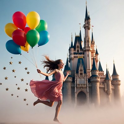 Girl running with balloons at Cinderella Castle