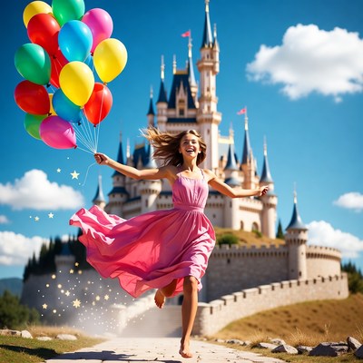 Girl holding colorful balloons at castle