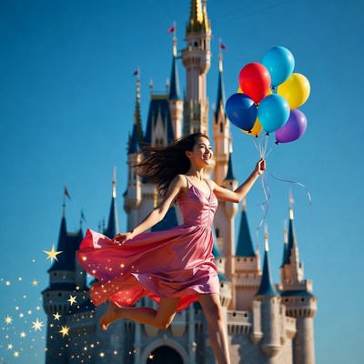Woman holding balloons at Disney castle