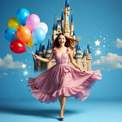 Girl holding colorful balloons with castle
