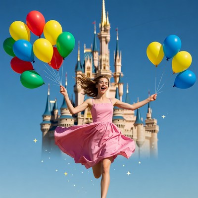 Girl holding colorful balloons Cinderella Castle