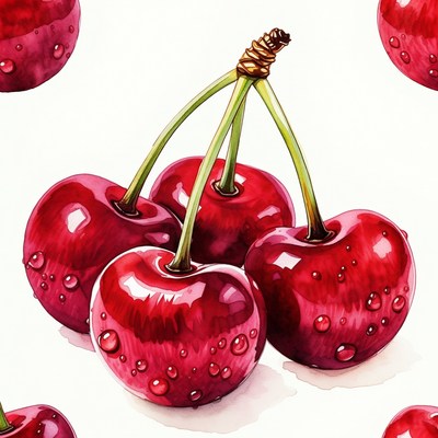 Watercolor Cherries with Dew Drops